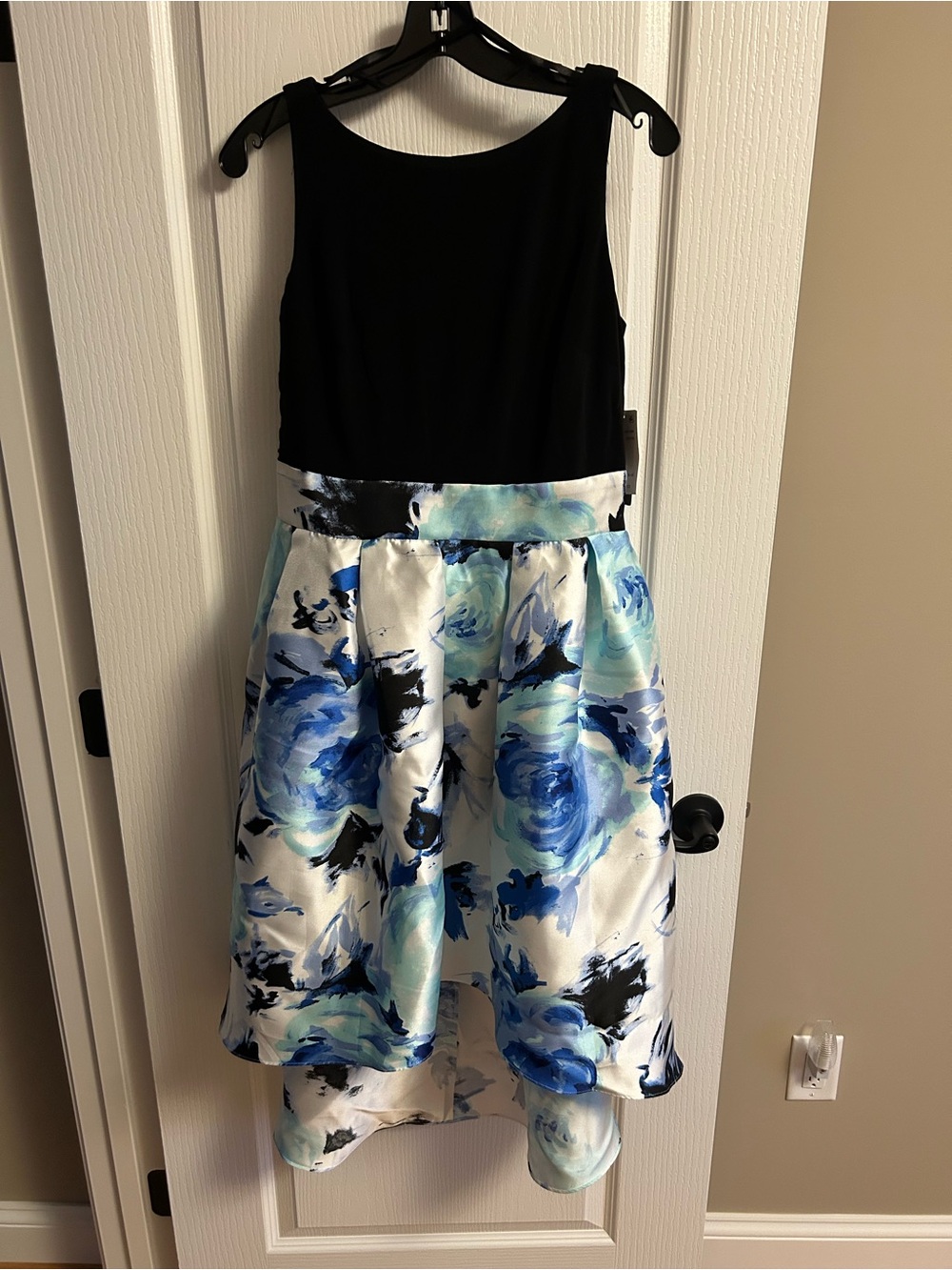 SLNY Black Bodice Blue Floral High-Low Dress